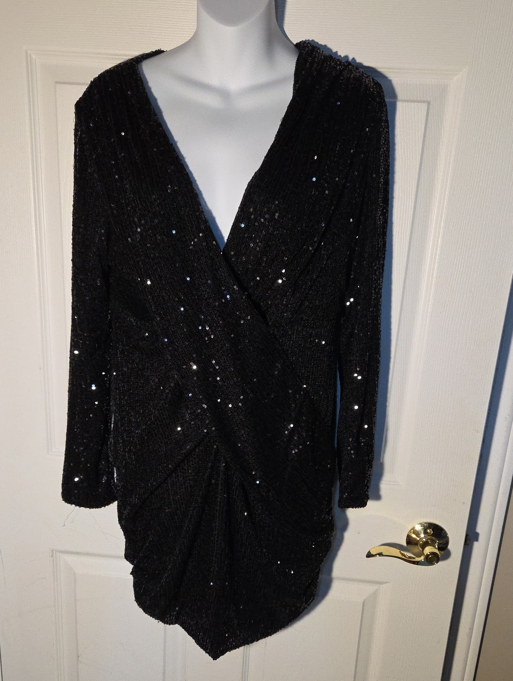 Black Sequin Wrap Mini Club Dress Bodycon Long Sleeve Deep V Gown Sz L